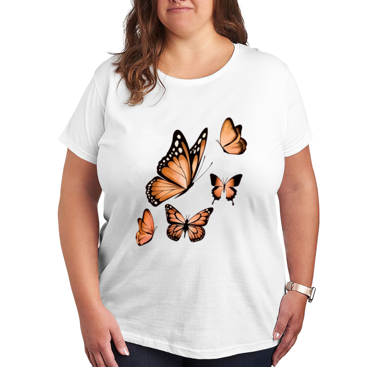 Realistic Orange Monarch Butterfly Fluttering Plus Size Women Printed T-Shirt