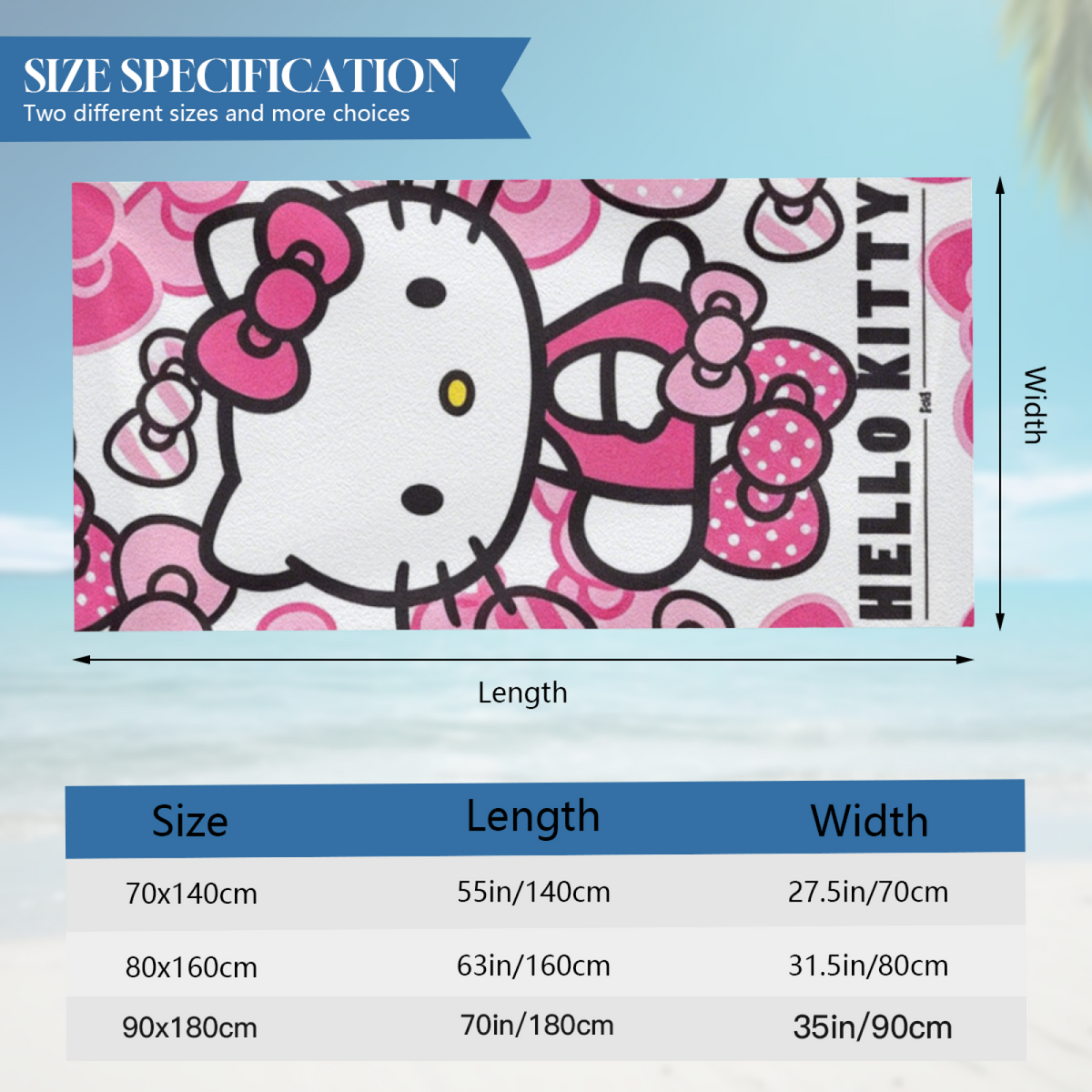 Classic Bow Pattern Hello Kitty White Base Cartoon Beach Towel, Multi Length Choices, Skin?Friendly Soft, Rapid Water Absorbing & Lovely Comfort for Girls Swimming Activities