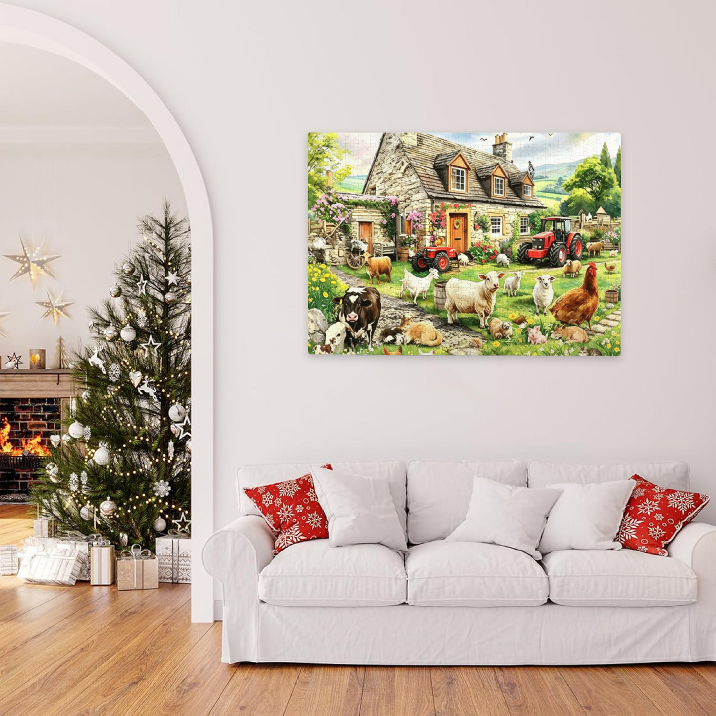 Cozy British Stone Farmhouse & Farm Animals Jigsaw Puzzle | Rural Countryside Cottage Puzzle 300/500/1000 Pieces