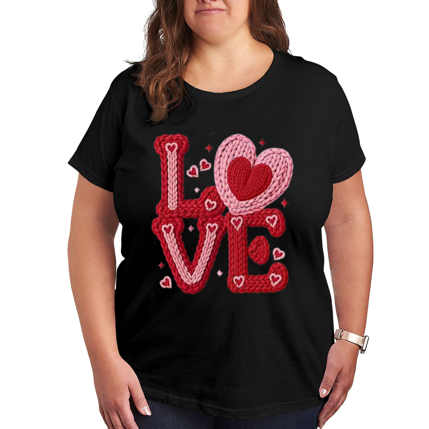 Knitted Texture LOVE Heart Warm Romantic Plus Size Women Printed T-Shirt
