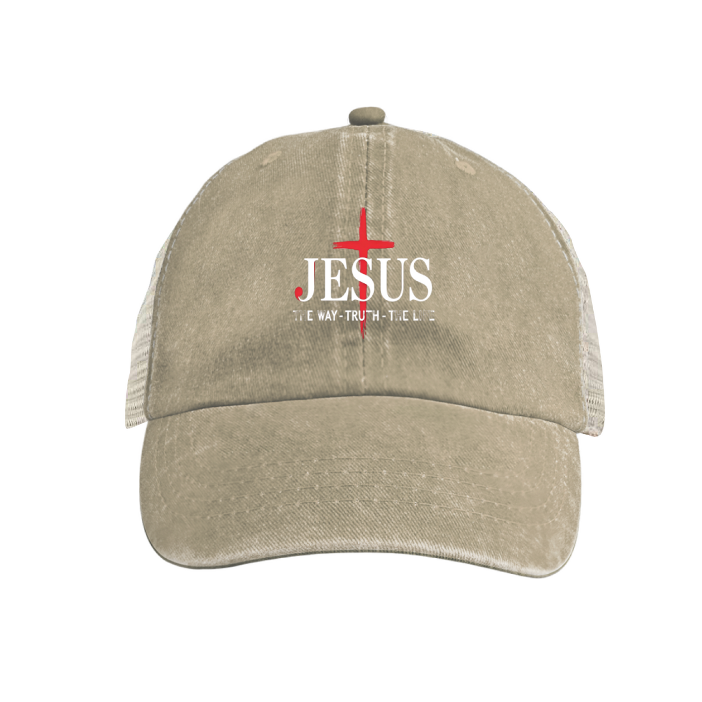 Red Cross JESUS THE WAY TRUTH LIFE Dusty Wine Red Distressed Trucker Hat, Christian Faith Mesh Back Cap