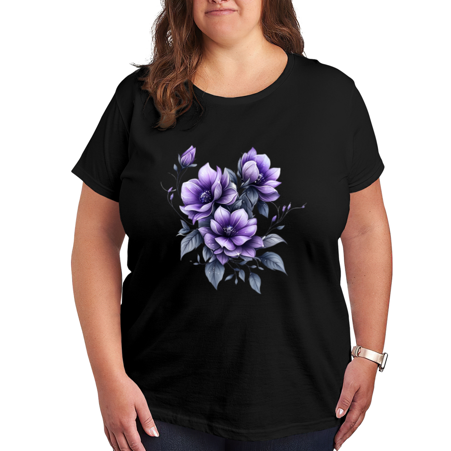 Soft Watercolor Purple Magnolia Floral Aesthetic Plus Size Women Printed T-Shirt