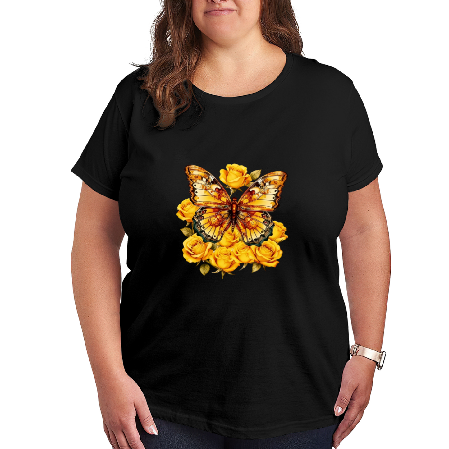 Golden Butterfly Yellow Roses Plus Size Casual Women Tee