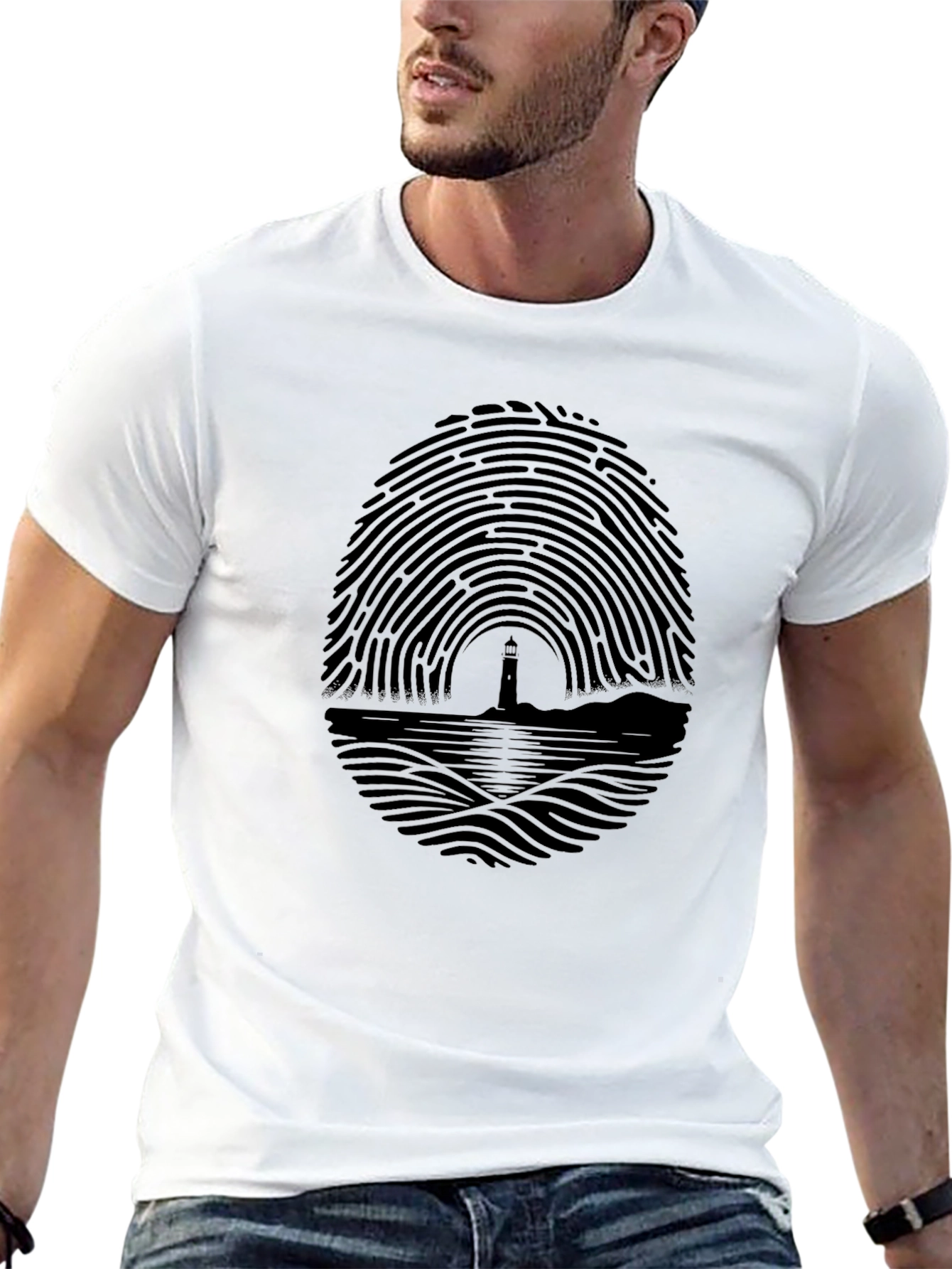 Fingerprint Lighthouse Graphic Tee - Unique Black T-Shirt