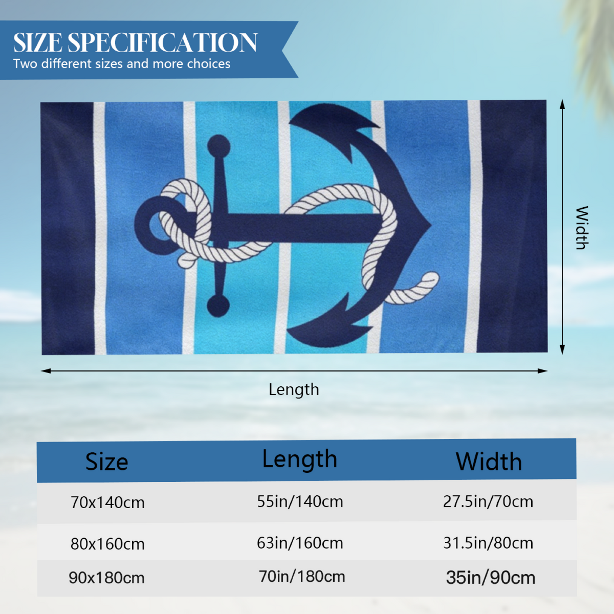 Classic Nautical Anchor Striped Beach Towel, Ultra Cozy Smooth Touch, Rapid Water Absorbency, Various Length Specifications for Men Ocean Travel Camping