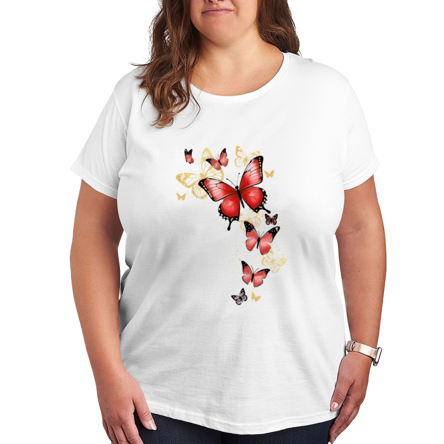 Sparkling Glitter Red Golden Butterfly Fairy Plus Size Women Printed T-Shirt