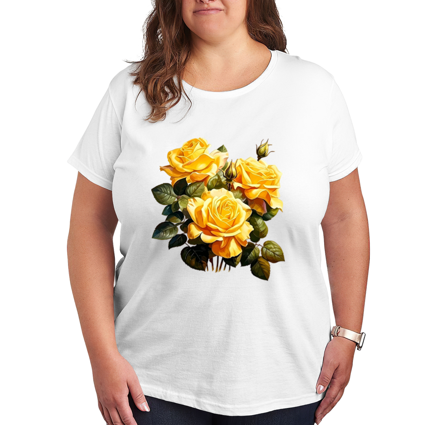 Vintage Oil Painting Yellow Rose Floral Plus Size Women Graphic Print T-Shirt