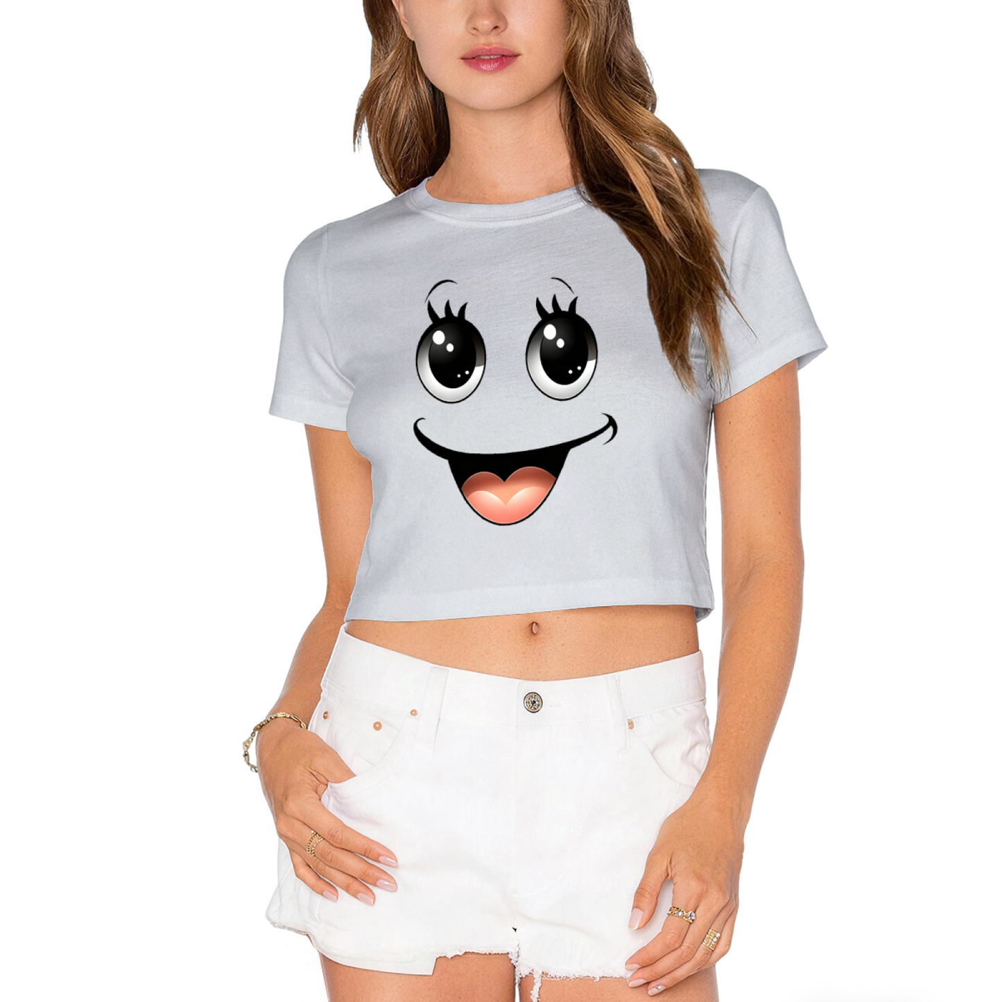 Kawaii Big Eyes Smiley Face Soft Girl Pink Crop Top