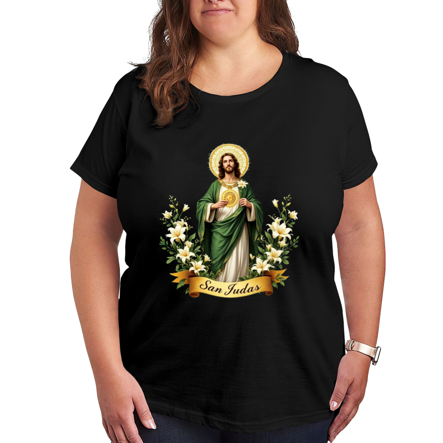 San Judas Saint Lily Religious Devotional Plus Size Women Graphic Print T-Shirt