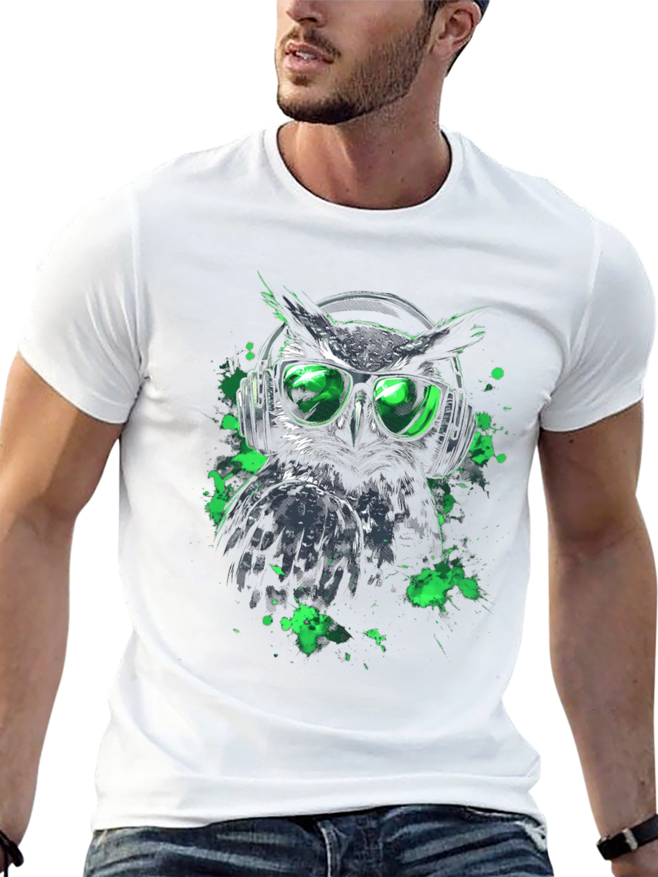 Cool Owl in Headphones Graphic Tee - Black