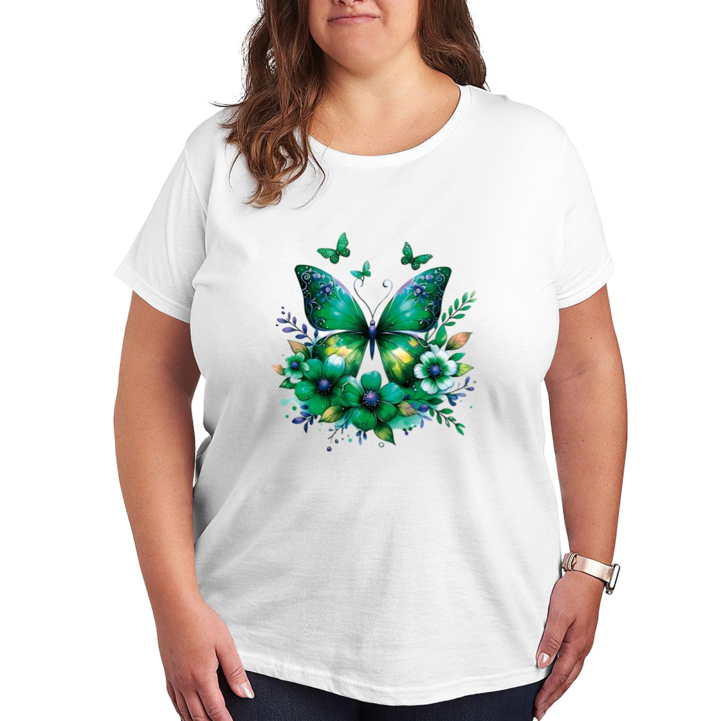 Fresh Emerald Green Floral Butterfly Botanical Plus Size Women¡¯s Printed T-Shirt