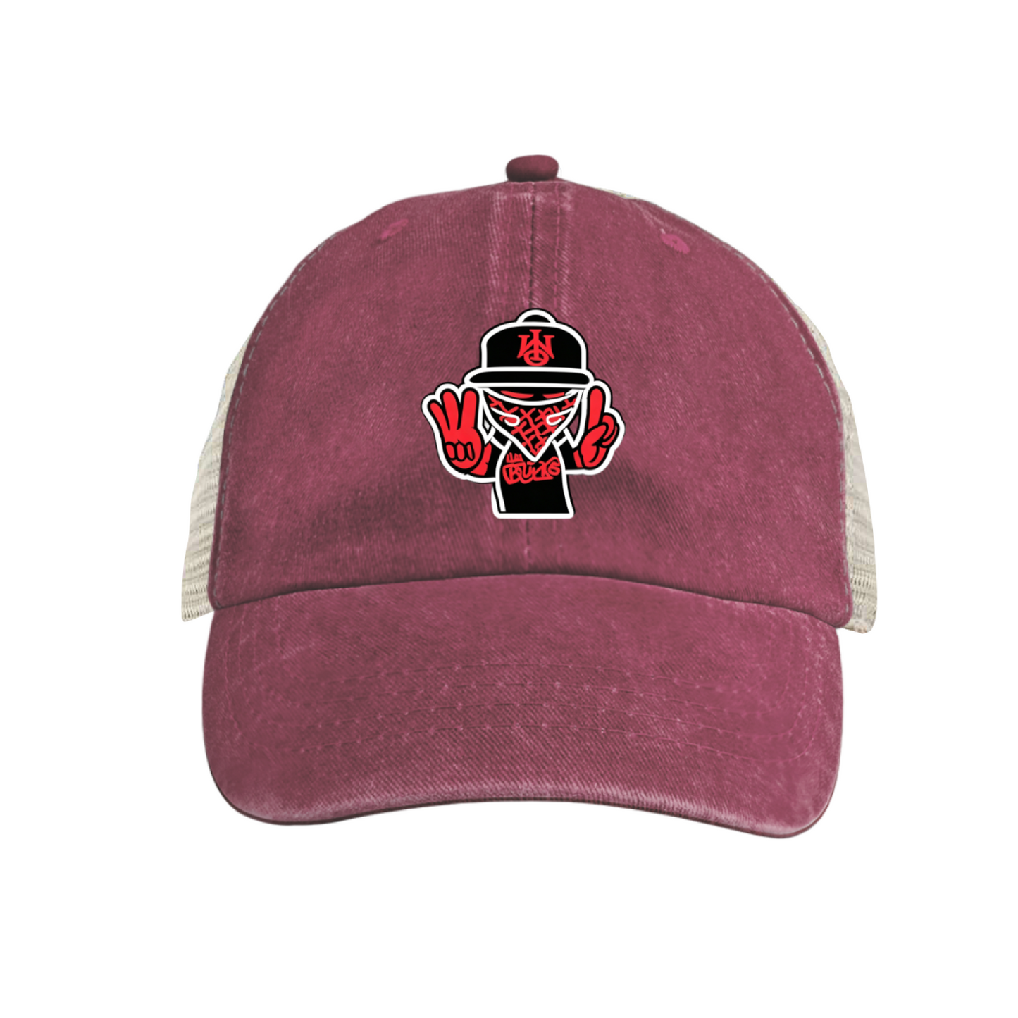 Masked Peace Sign Hip Hop Character Khaki Washed Mesh Trucker Hat, Street Graffiti Retro Snapback Hat