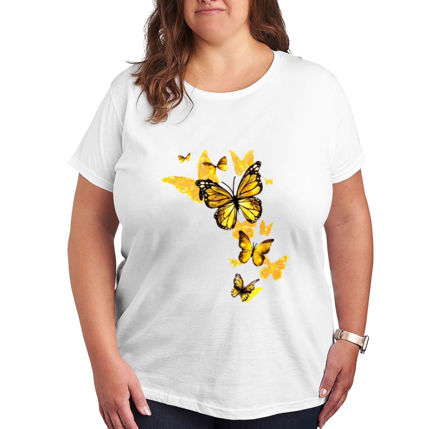 Bright Golden Monarch Butterfly Group Chic Plus Size Women Graphic Tee