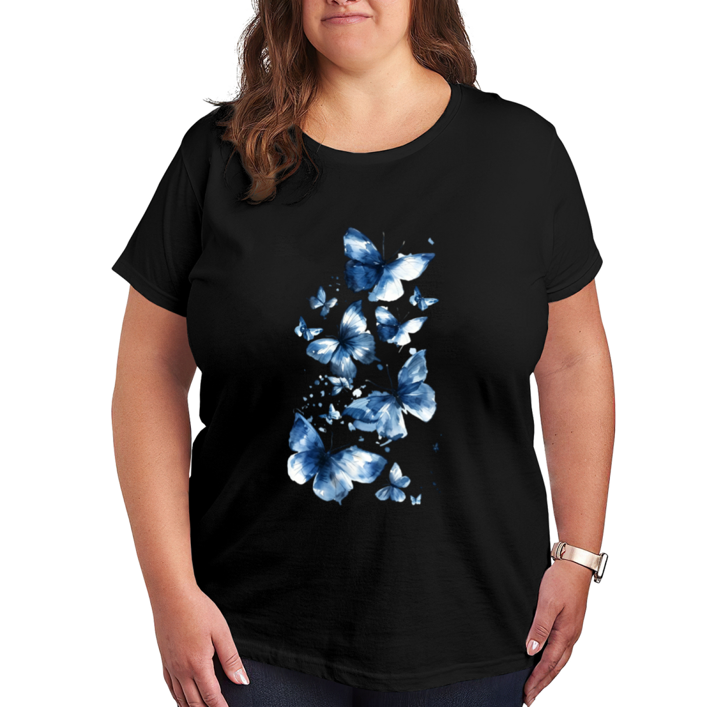 Watercolor Blue Gradient Butterflies Plus Size Ladies T-Shirt