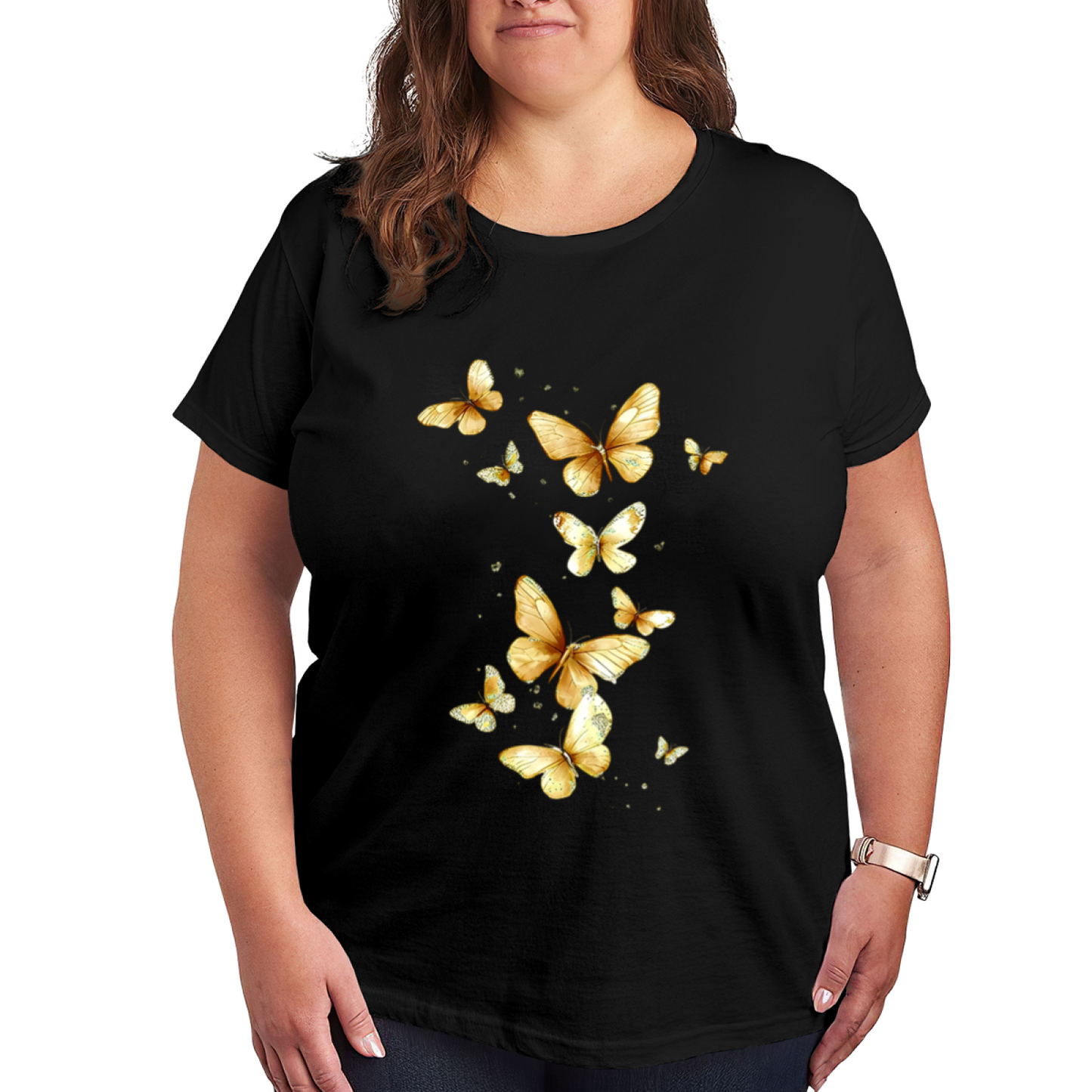 Elegant Golden Glitter Flying Butterflies Plus Size Women¡¯s Printed T-Shirt