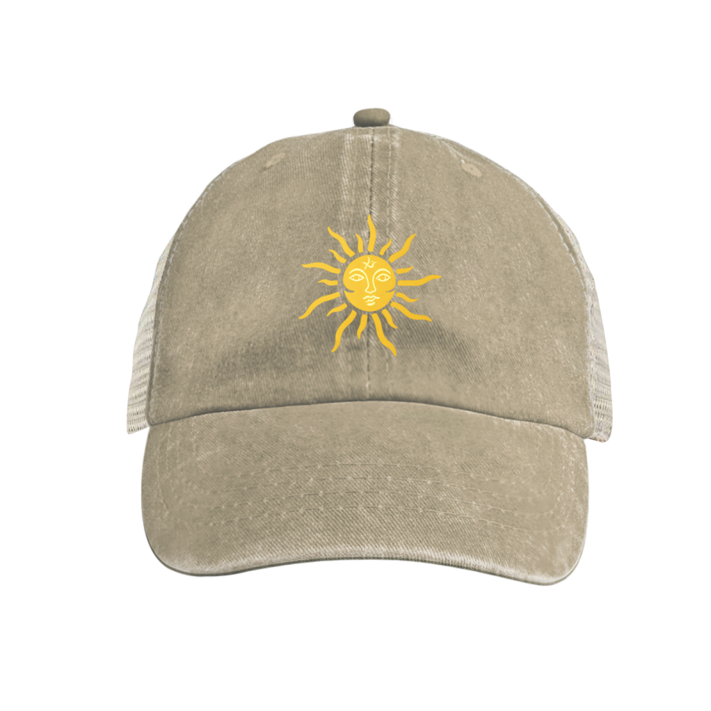 Face Sun Graphic Bright Blue Washed Mesh Trucker Cap, Bohemian Summer Retro Hat