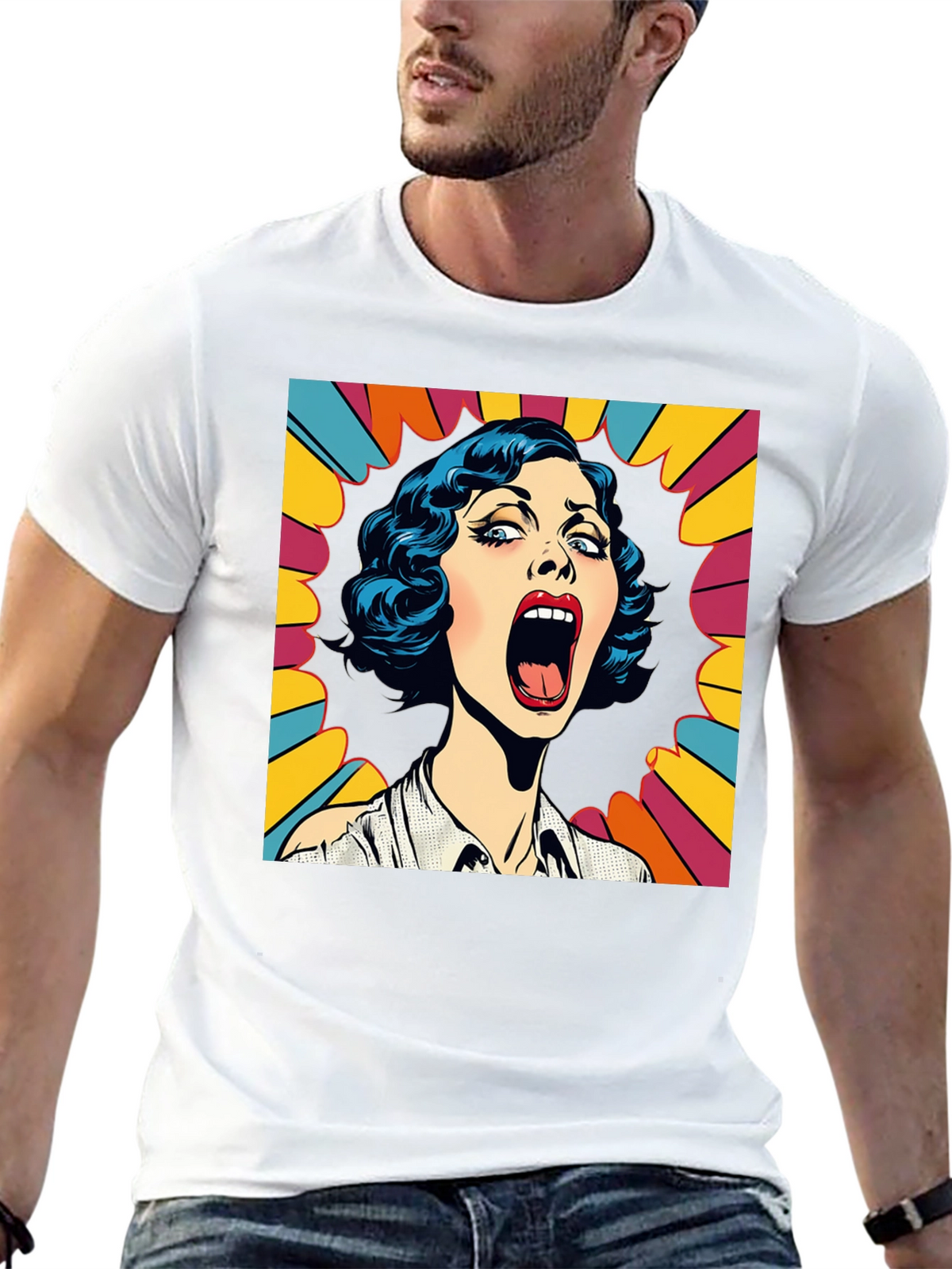 Pop Art Screaming Woman Graphic Tee - Black