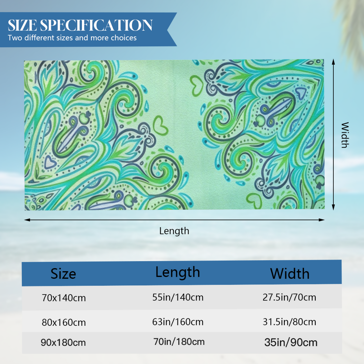 Vibrant Teal Green Paisley Swirl Pattern Beach Towel, Extra Soft Gentle on Skin, Powerful Absorbency, Multiple Sizes Fit All Family Beach Trips