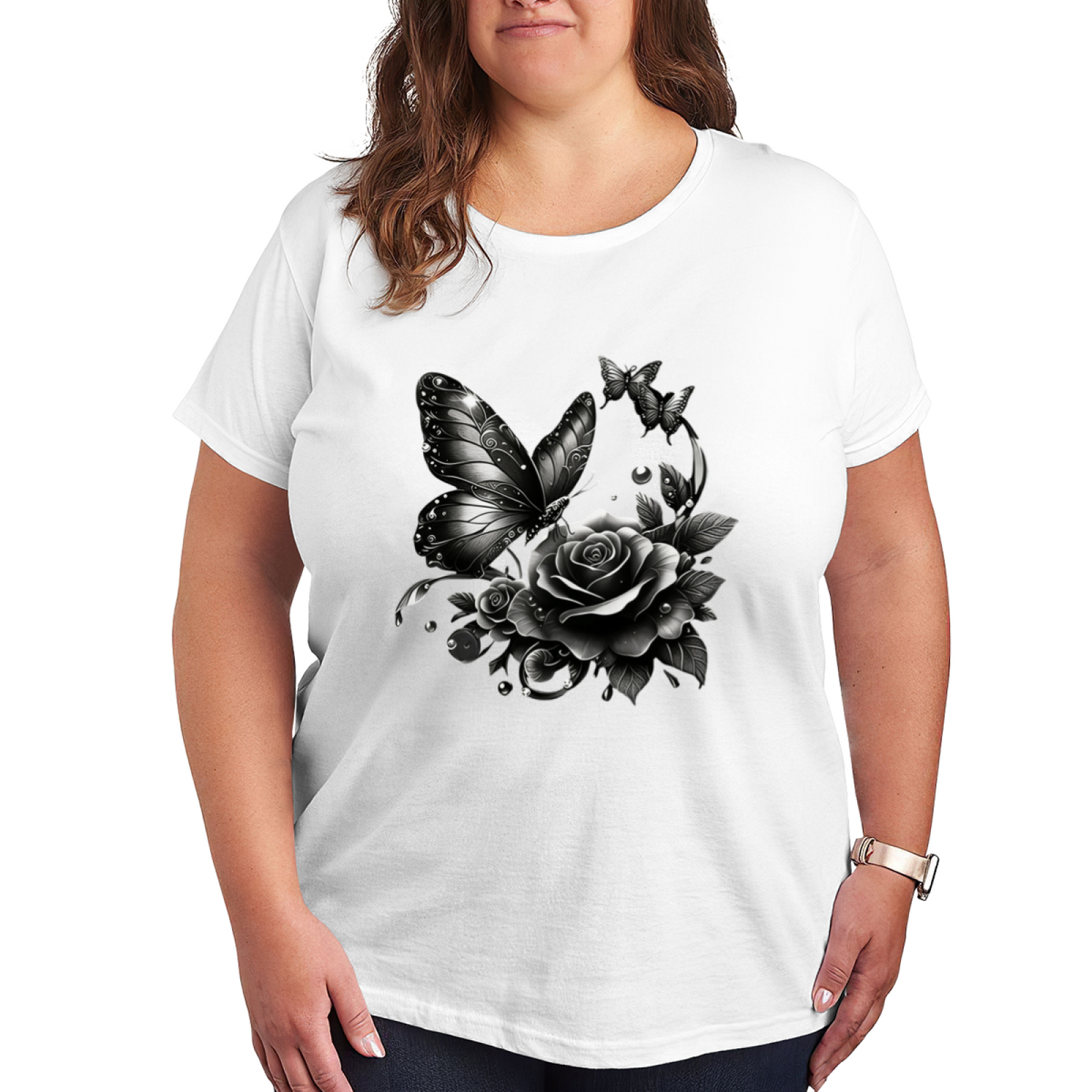 Dark Monochrome Realistic Rose & Butterfly Art Plus Size Women T-Shirt