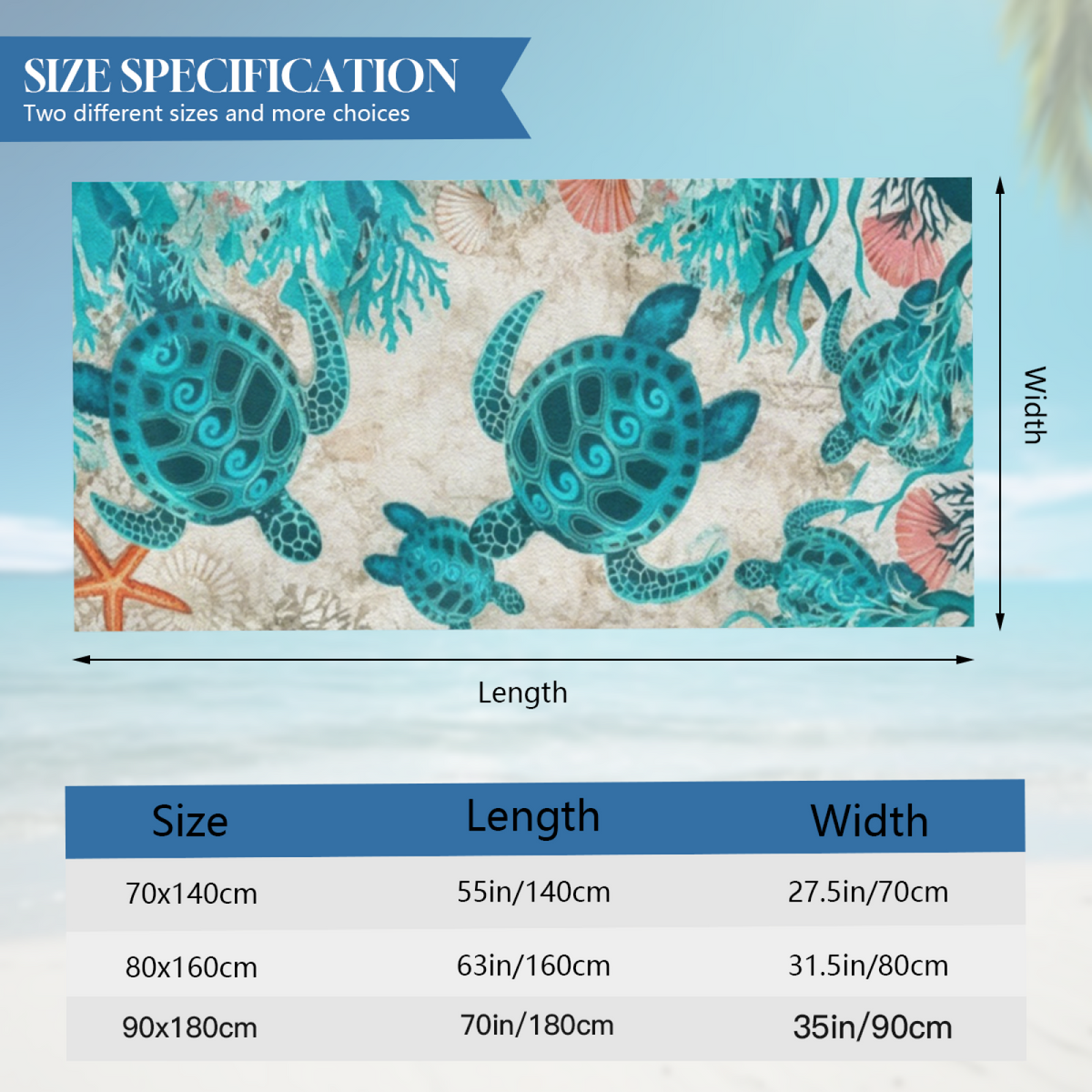 Retro Vintage Seashell Coral Sea Turtle Beach Towel, Fluffy Cloud Soft & Efficient Water Absorbing, Multiple Lengths Optional, Comfortable Boho Coastal Style Beach Towel
