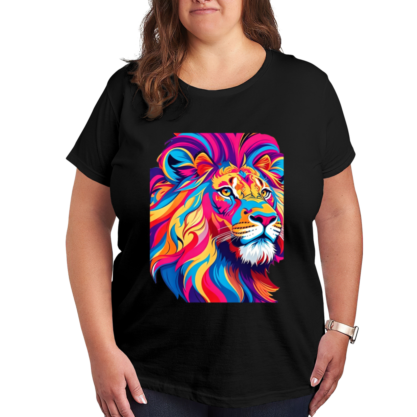 Bold Pop Art Colorful Lion Head Vibrant Graphic Plus Size Women Printed T-Shirt