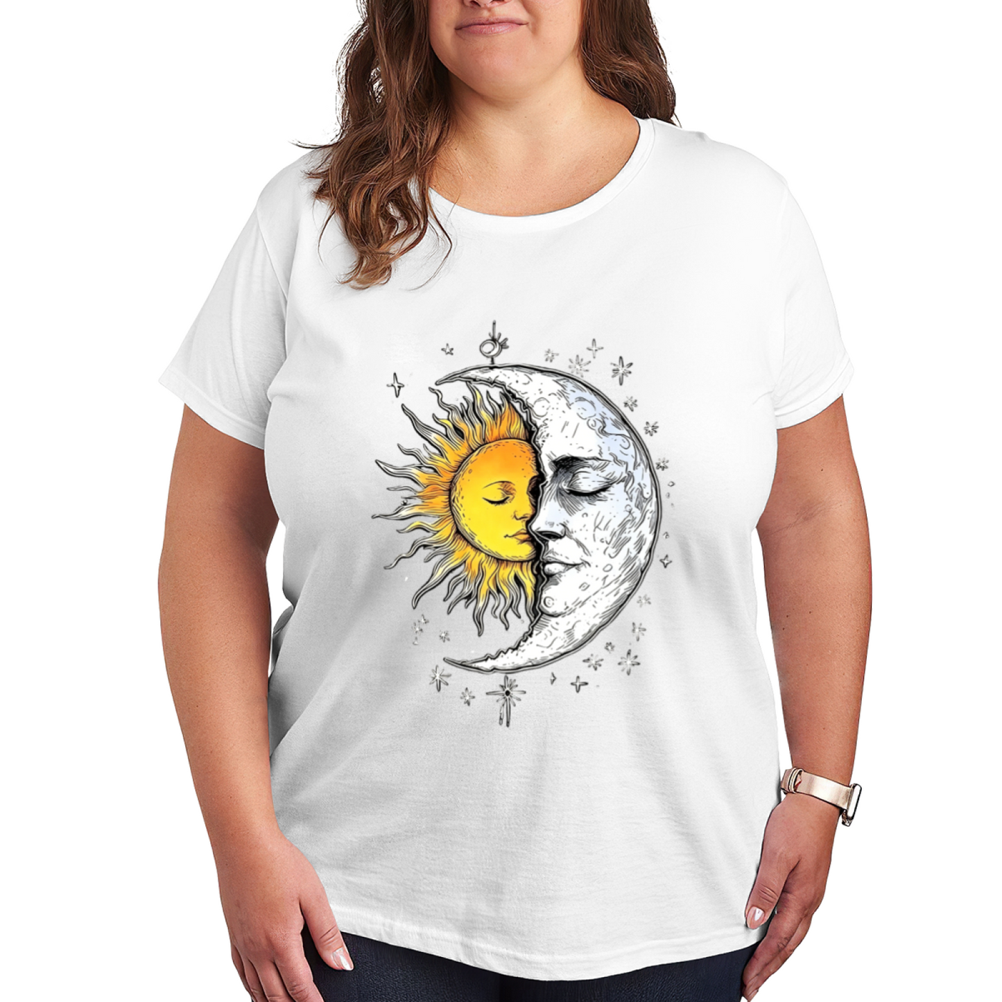 Aesthetic Sun Moon Face Cosmic Starry Sky Art Plus Size Black T-Shirt