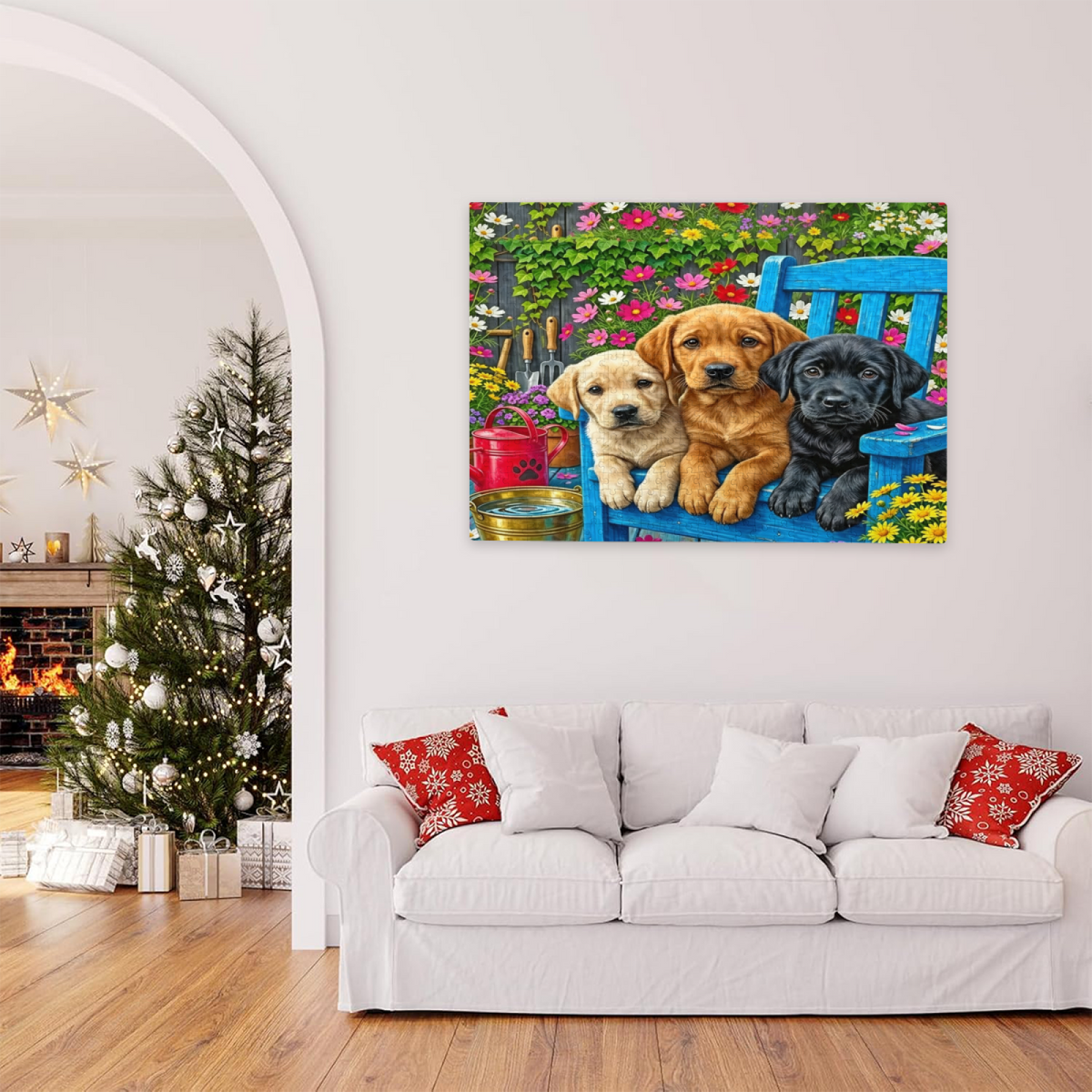 Three Adorable Labrador Puppies Rest On Blue Garden Bench Puzzle | 300/500/1000 Pieces