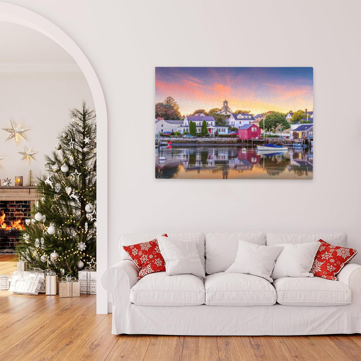 Serene Harbor Town Sunset Water Reflection Landscape Puzzle
