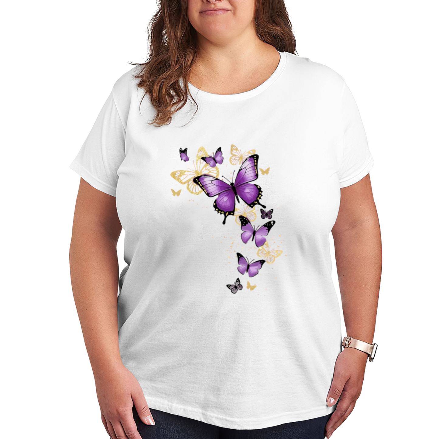 Sparkle Purple Gold Butterfly Graphic Black Plus Size Ladies Printed T-Shirt