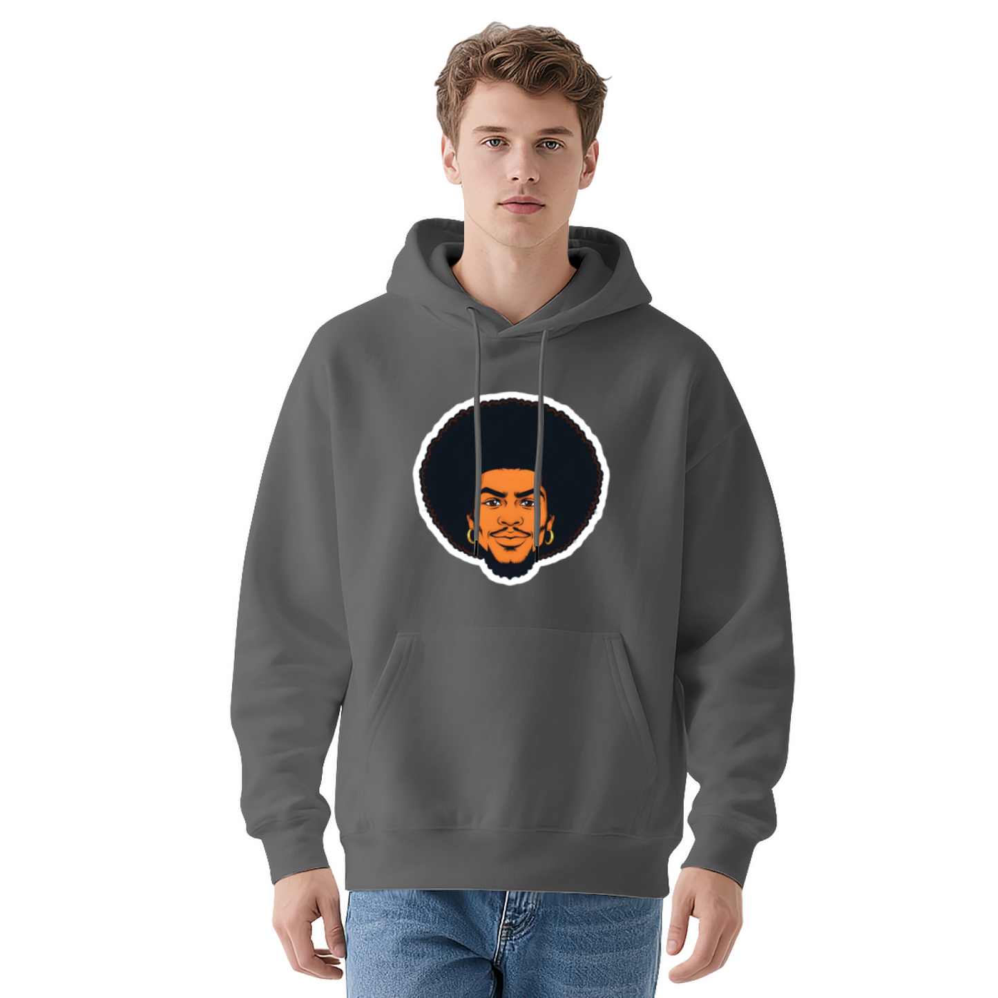 Afro Hairstyle Man Cartoon Portrait Navy Hoodie, Soft Casual Men Graphic Sweatshirt