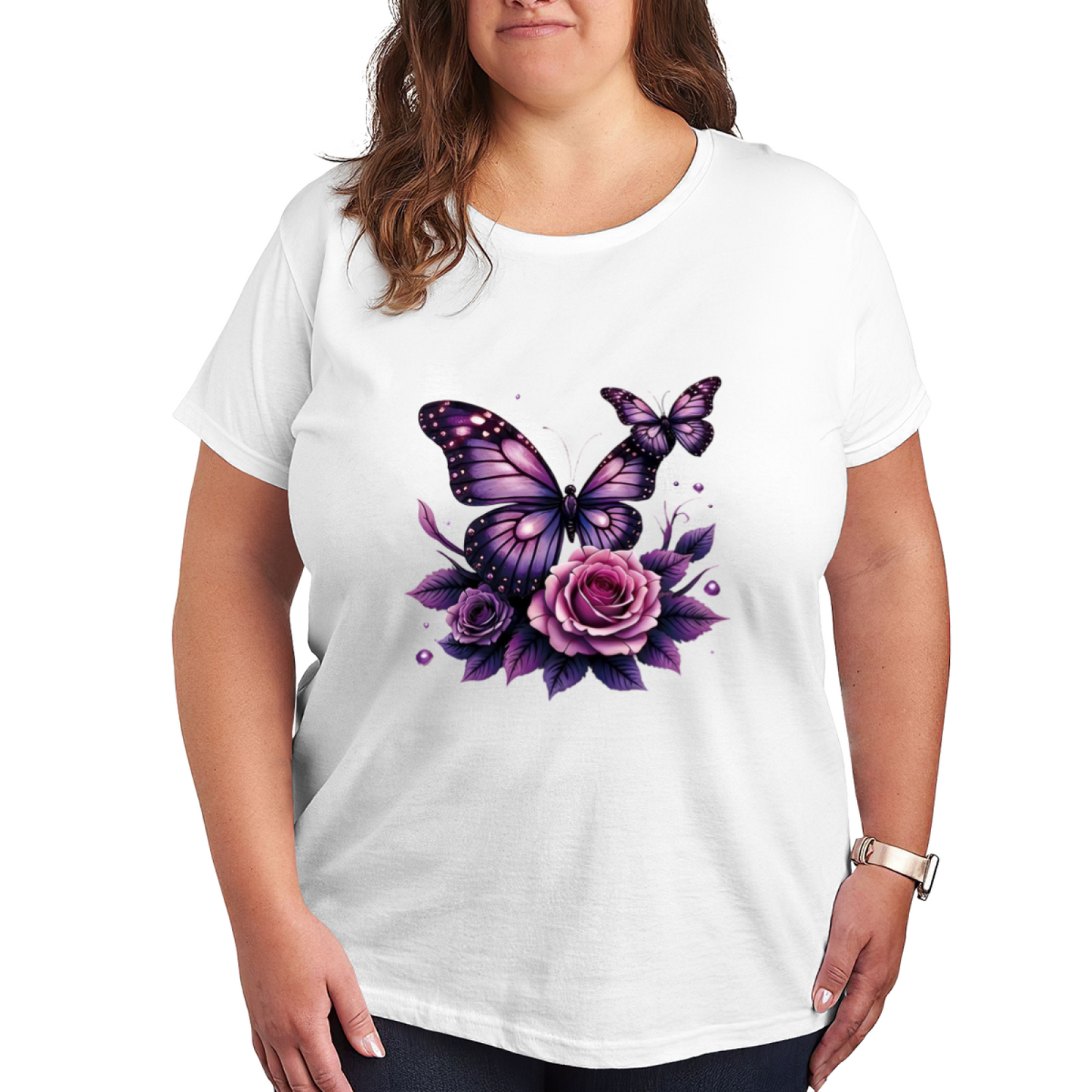 Shiny Purple Roses & Sparkle Butterflies Fairycore Plus Size Women Printed T-Shirt