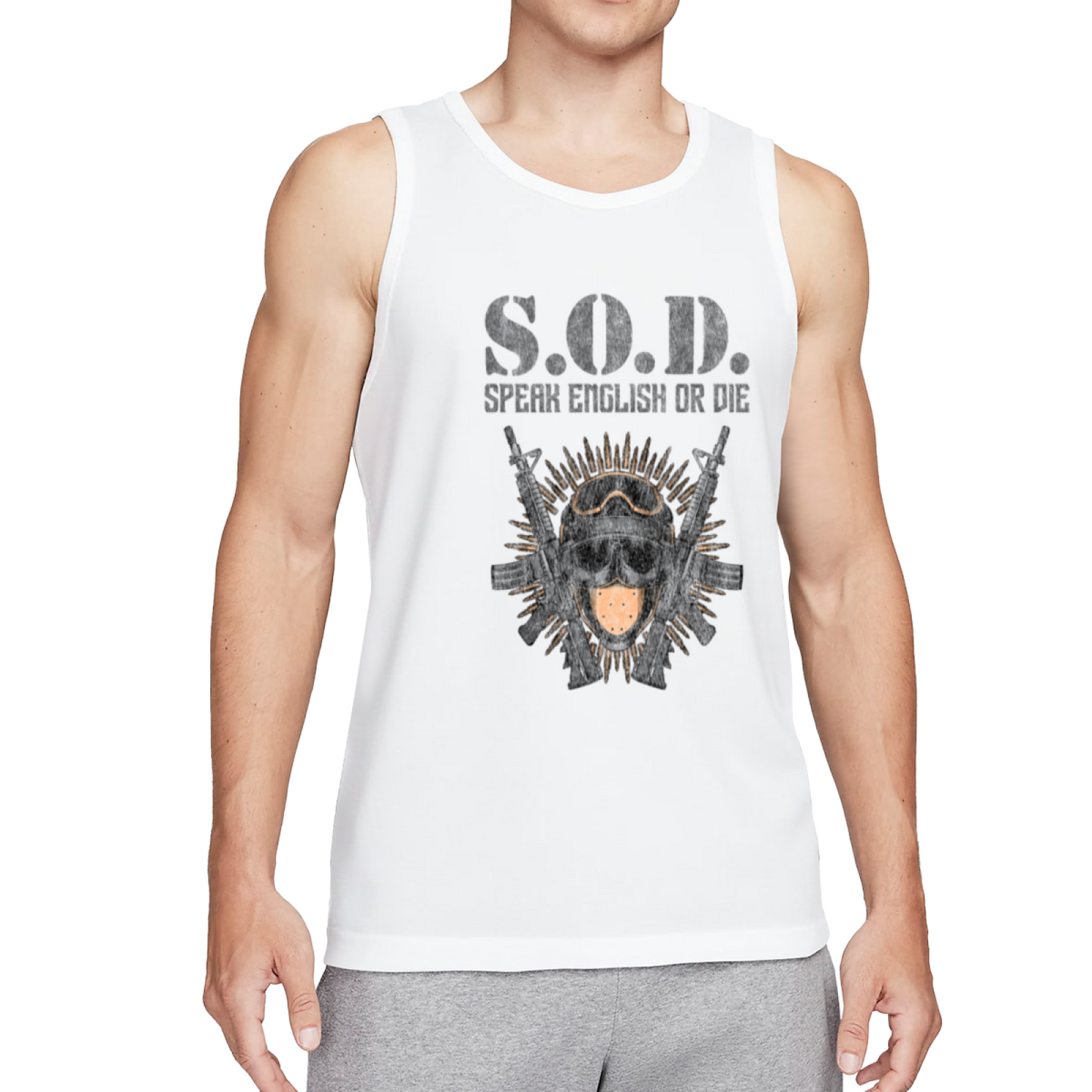 S.O.D Speak English Or Die Tactical Skull Rifle Graphic Men Tank Top