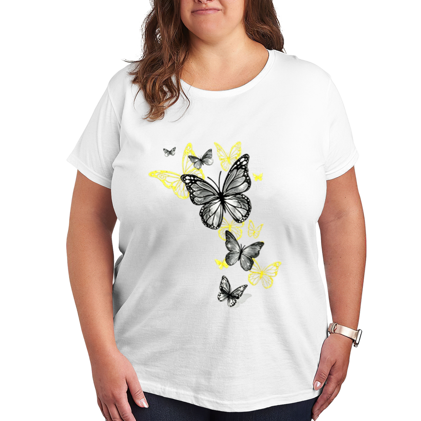 Sleek Grey & Golden Outline Butterflies Minimal Chic Print Plus Size Women Printed T-Shirt
