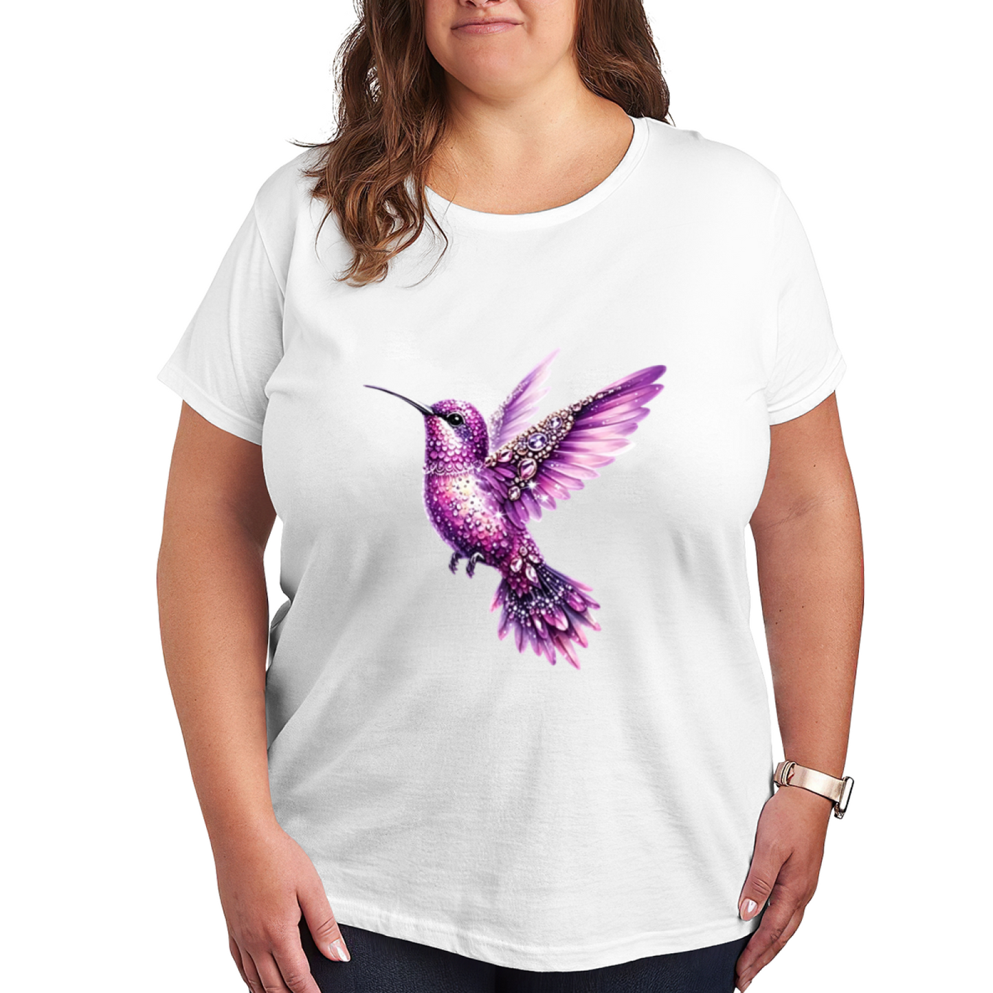 Luxe Purple Crystal Hummingbird Plus Size Ladies T-Shirt