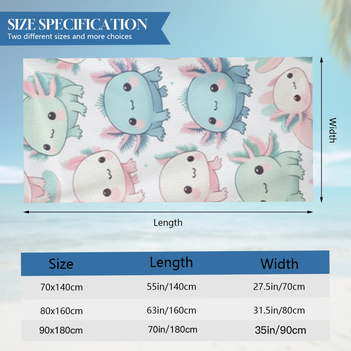 Cute Pastel Axolotl Cartoon Beach Towel, Ultra Skin-Friendly, Fluffy Soft and Highly Absorbent for All Ages