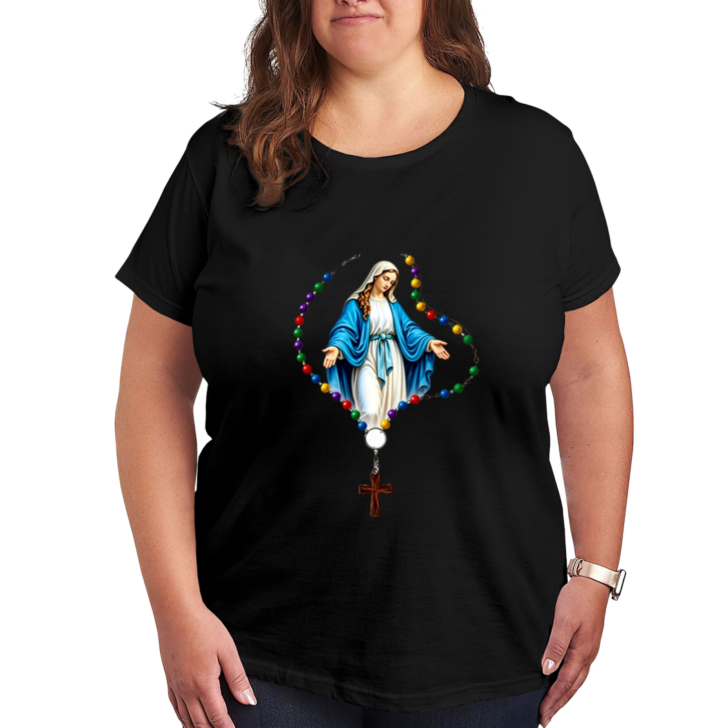Virgin Mary Colorful Rosary Catholic Faith Plus Size Ladies Tee