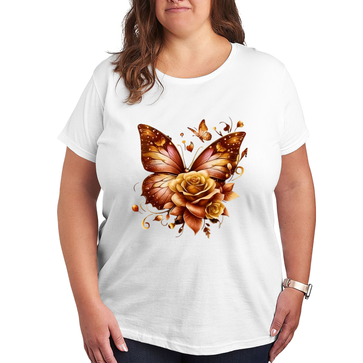 Warm Amber Butterfly & Golden Rose Plus Size Women Printed T-Shirt