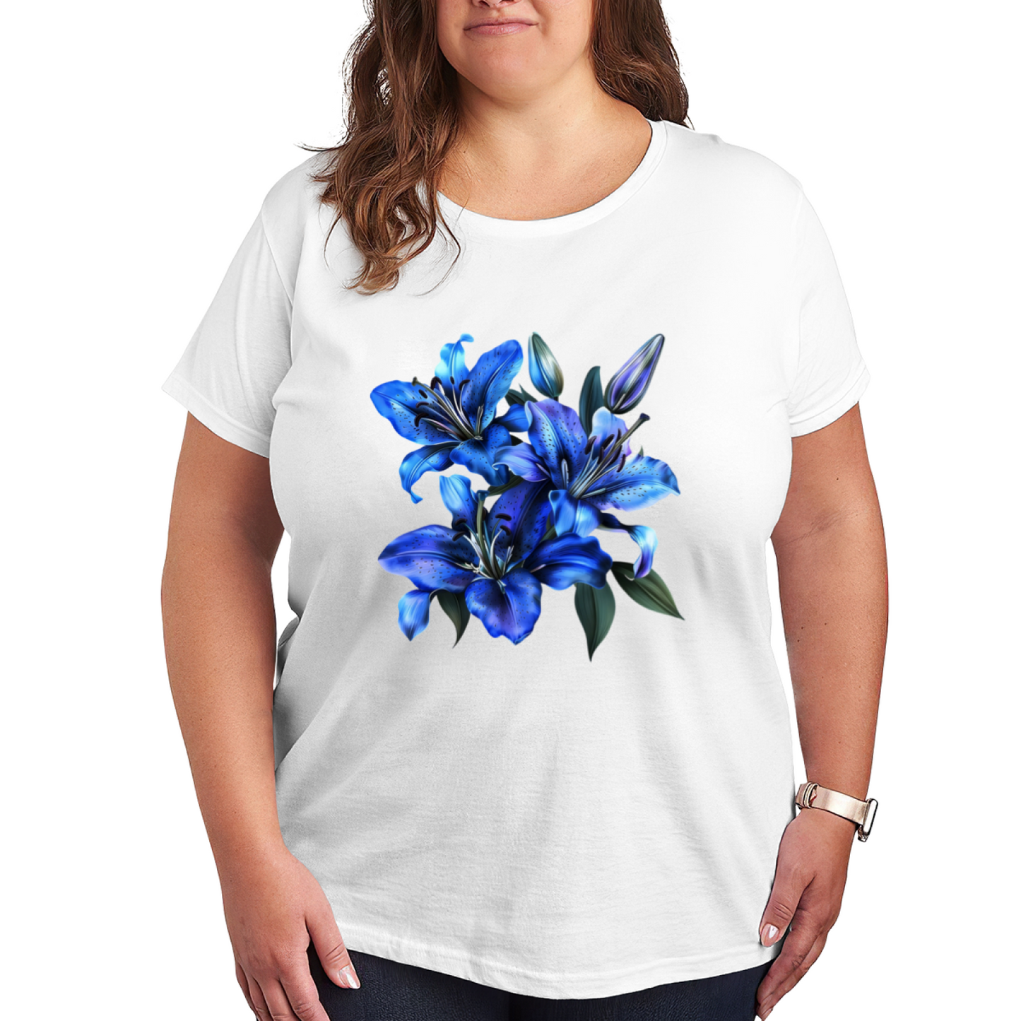 Stunning Dark Blue Lily Floral Aesthetic Plus Size Women's Printed T-Shirt