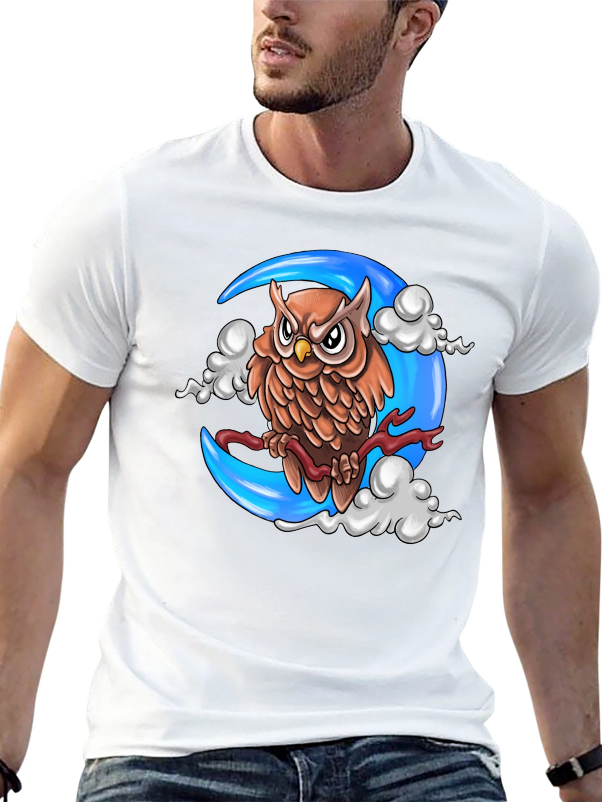 Owl on Moon Graphic T-Shirt - Black