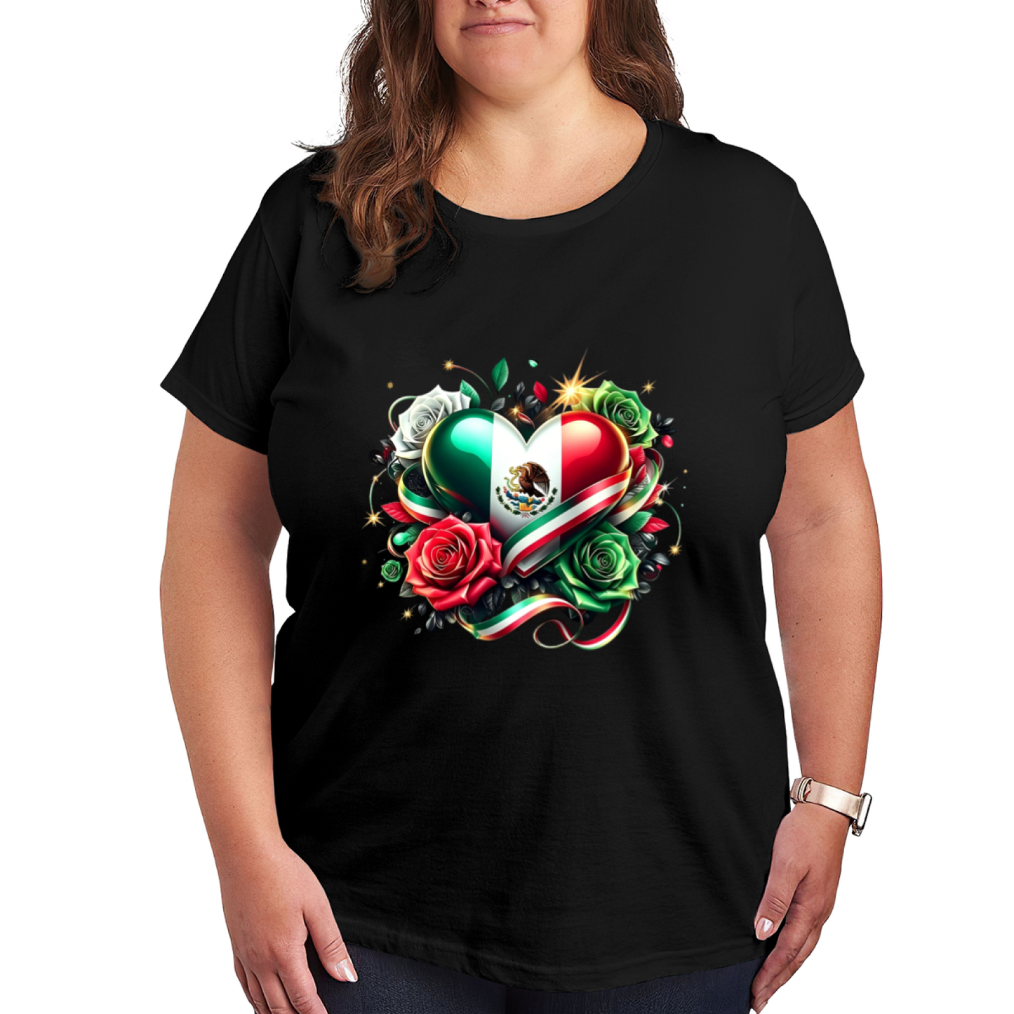 Mexican Flag Heart Floral Plus Size Women Graphic T-Shirt