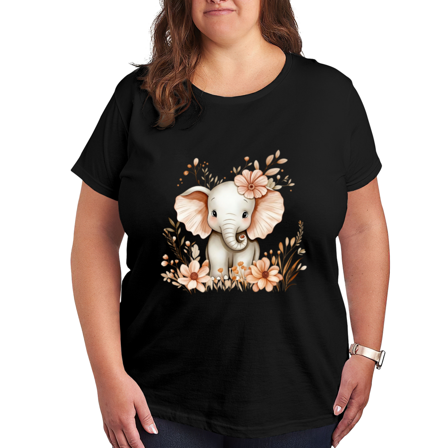 Cute Baby Elephant Wildflower Watercolor Soft Plus Size Women Graphic Print T-Shirt