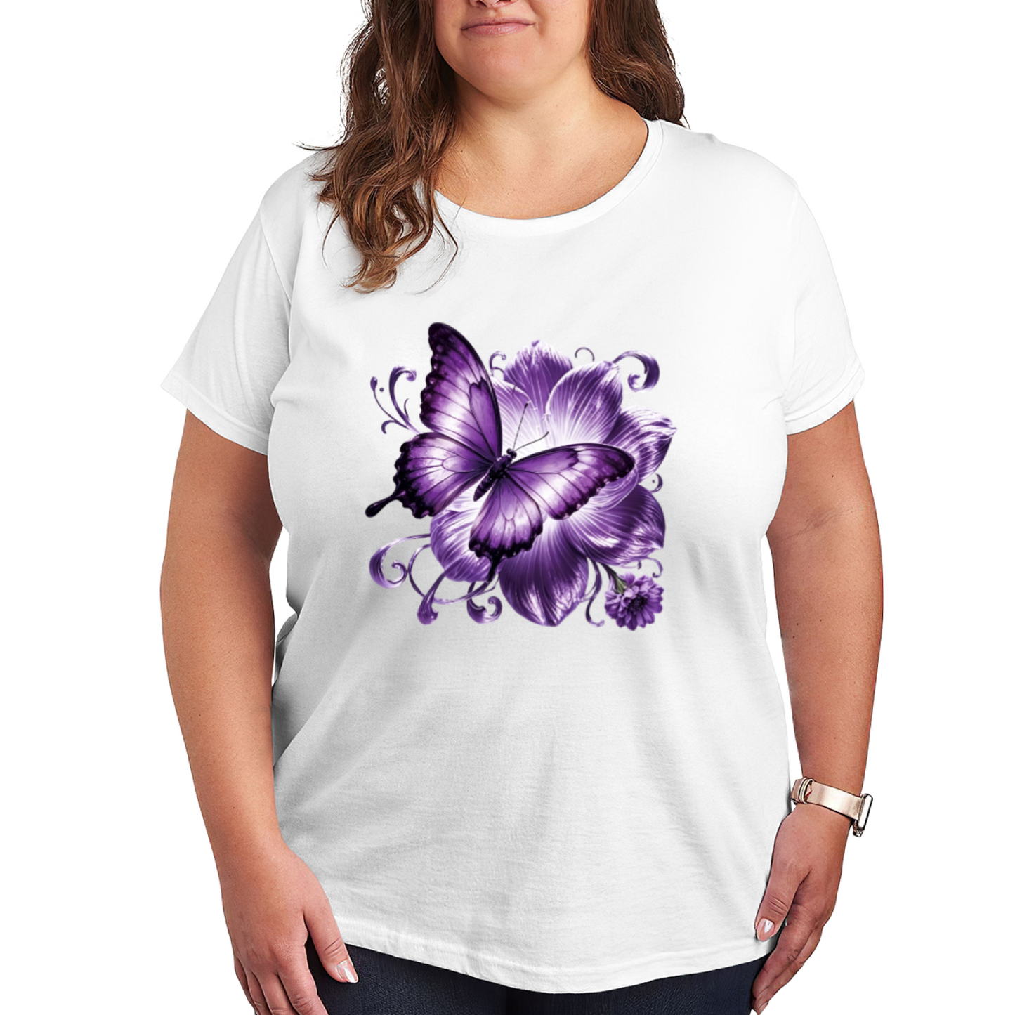 Dreamy Purple Butterfly & Lotus Art Plus Size Women Printed T-Shirt