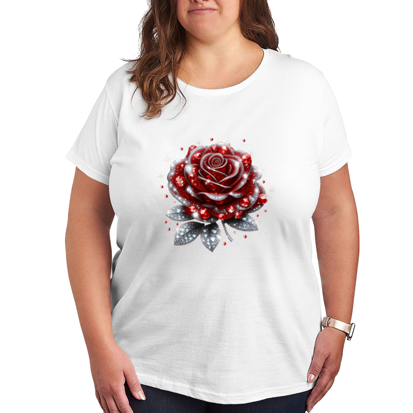 Sparkling Rhinestone Glitter Red Rose Black Plus Size Women¡¯s Printed T-Shirt