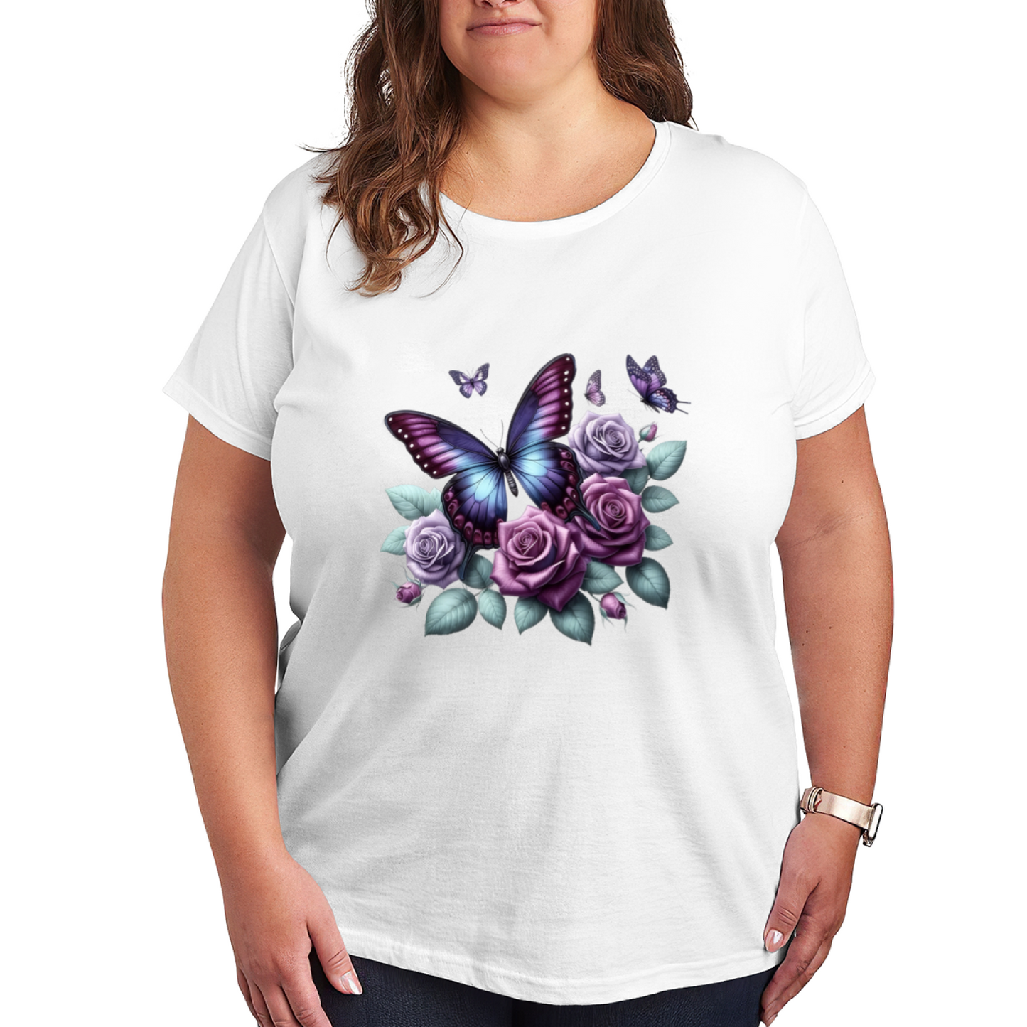 Dreamy Purple Blue Morpho Butterfly & Lavender Roses Print Plus Size Women T-Shirt
