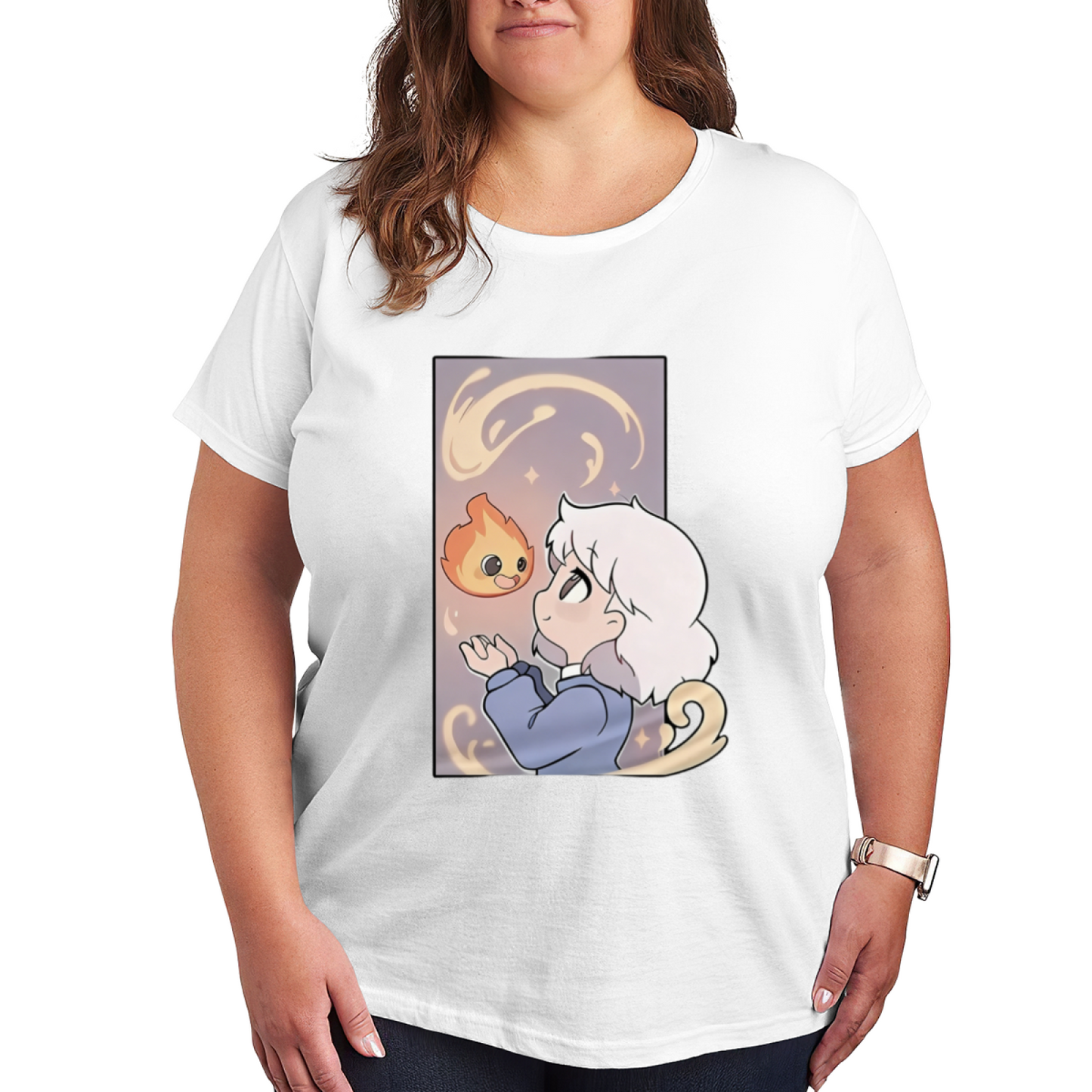 Cute Anime Girl & Fire Spirit Cartoon Art Plus Size Women¡¯s Printed T-Shirt