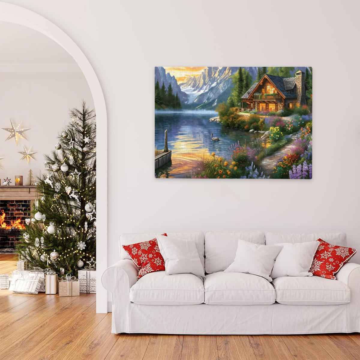Mountain Lake Log Cabin Golden Hour Scenic Jigsaw Puzzle