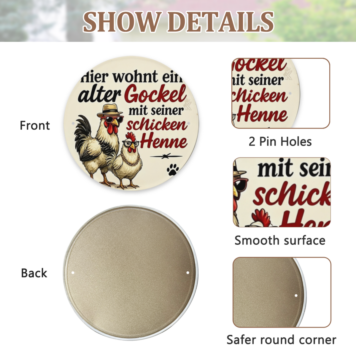Dapper Rooster & Hen German Quote Round Tin Sign Farmhouse Funny Wall Art
