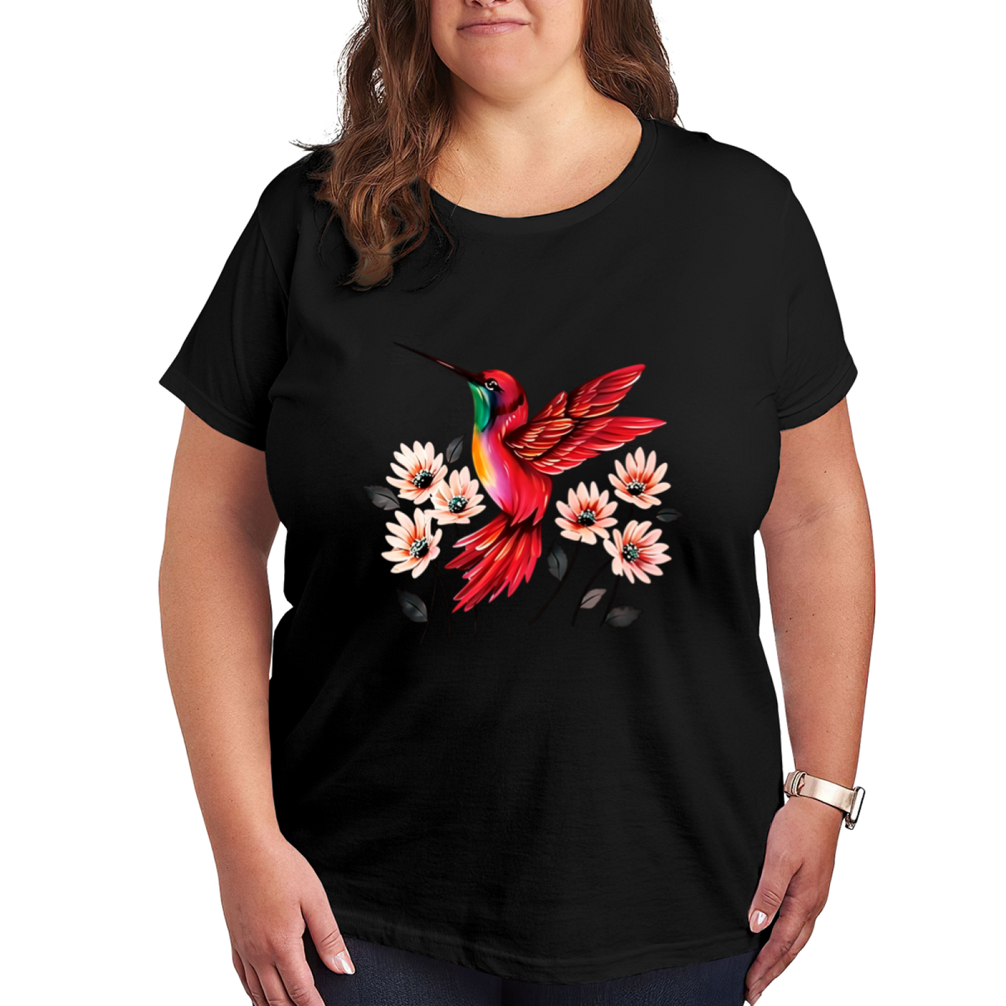 Bright Red Hummingbird Peach Floral Vintage Print Plus Size Women¡¯s Tee