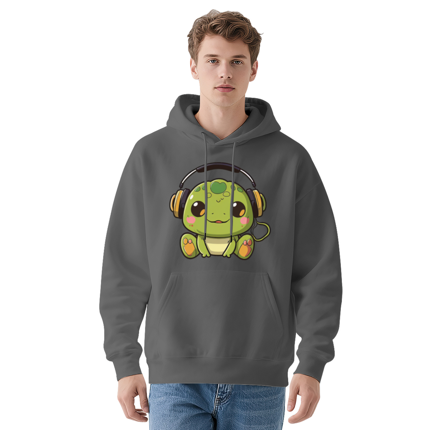 Cute Headphone Frog Kawaii White Hoodie, Soft Relax Daily Outfit