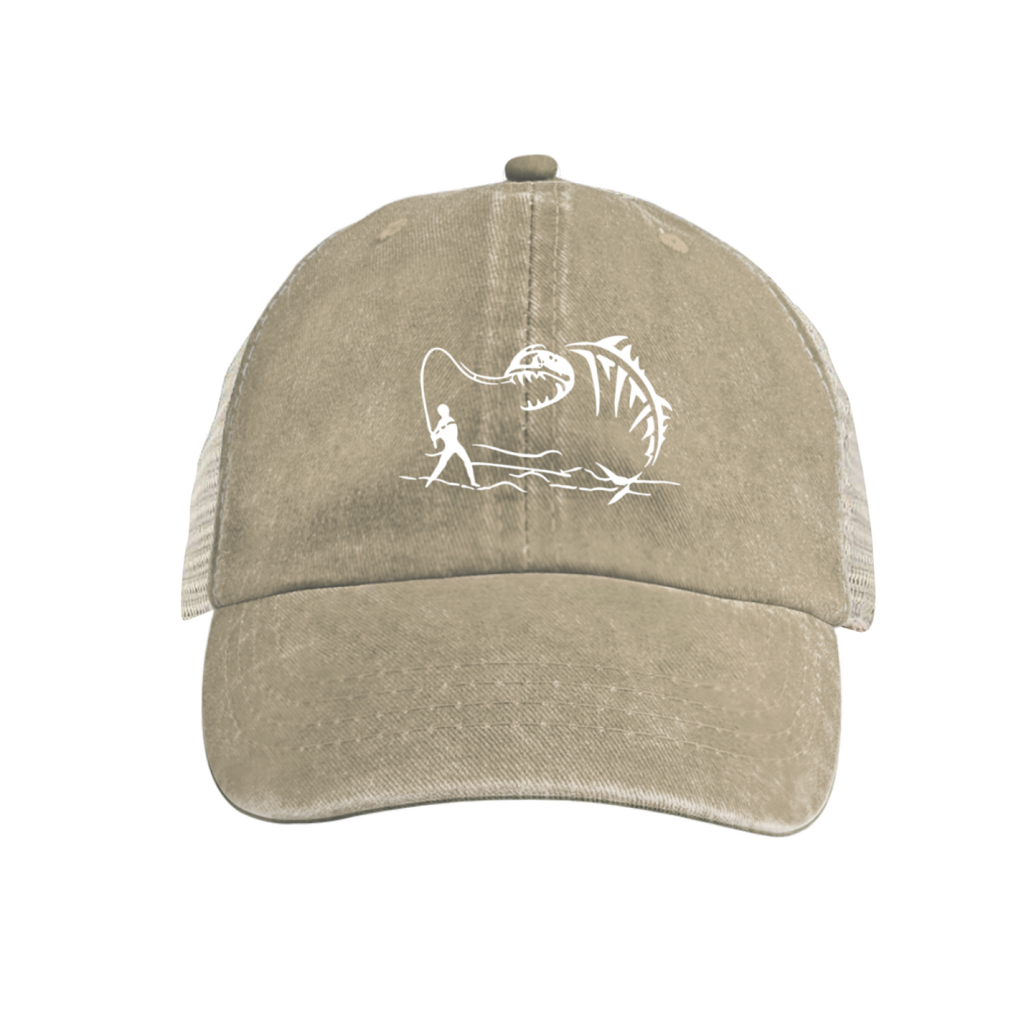 Angler & Monster Fish Skeleton Graphic Washed Trucker Hat Fishing Outdoor Mesh Cap